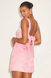 Perfectly Flirtatious Pink Floral Jacquard Tie-Back Mini Dress